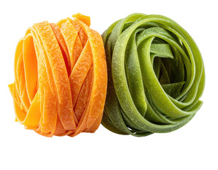 Two nests of colorful pasta, one orange and one green, isolated on black