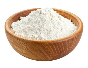 A wooden bowl brimming with a pile of fine, white, powdery substance