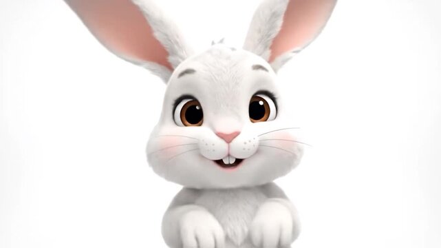 Cartoon white bunny with closed eyes, soft fur, and pink nose