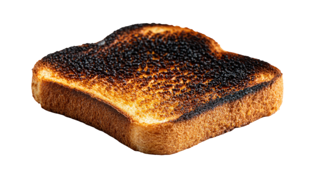 Burnt toast, dark and uneven, edges browned