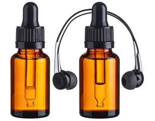 Two amber glass bottles with droppers and wired earbuds; studio shot