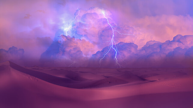 Sand dunes and sand storm in the Sahara desert with lightning - Hot and dry desert landscape