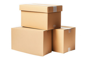 Stack of three brown cardboard boxes with white tape on black background package