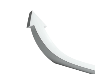 A white 3D arrow curves upward on a black background, indicating growth