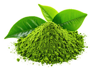 Vibrant green powder piled high with fresh leaves against a clean, dark backdrop