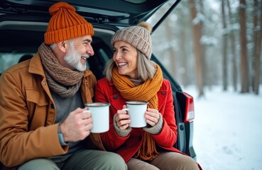 Happy senior couple drink warm beverage in winter forest. Elderly man and woman enjoying vacation time. Mature couple smiling, having fun. Winter road trip. They sit in car trunk.