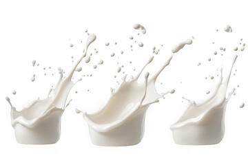 Three dynamic white milk splashes frozen in motion against a black background liquid dairy