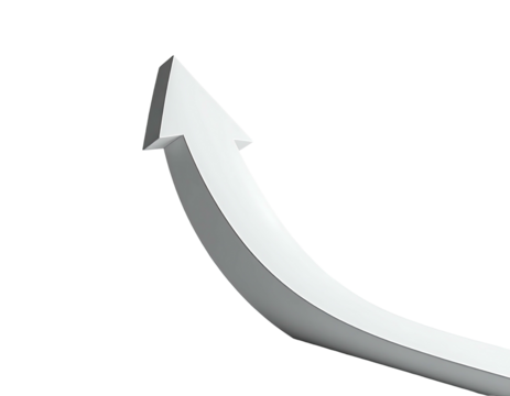 A white 3D arrow curves upward on a black background, indicating growth