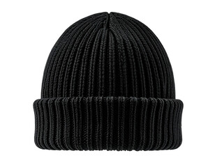 Black knitted ribbed beanie, isolated on black, offering a close-up view