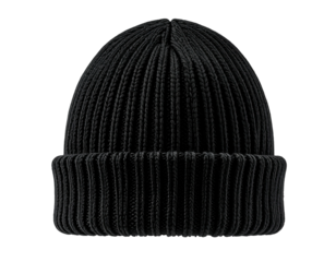 Black knitted ribbed beanie, isolated on black, offering a close-up view