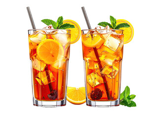 Two tall glasses filled with iced tea, lemon slices, mint, and ice cubes