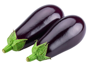 Two ripe, glossy, deep-purple vegetables with green leafy caps, isolated on black
