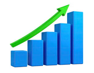 Blue bar graph ascending with a bold green arrow showing positive upward trend