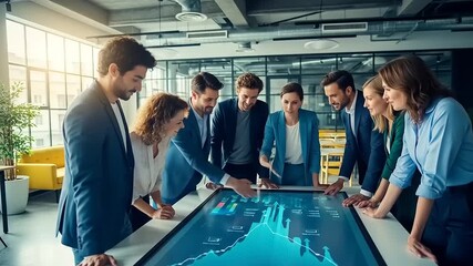 Diverse business team collaborates around interactive digital display table. - Powered by Adobe