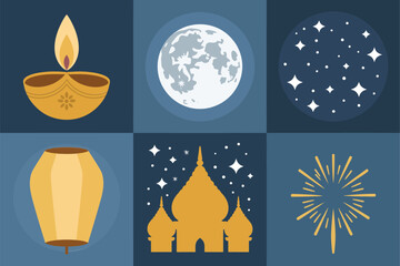 Flat illustration set for Hindu festival night, featuring oil lamp, moon, temple, and fireworks.