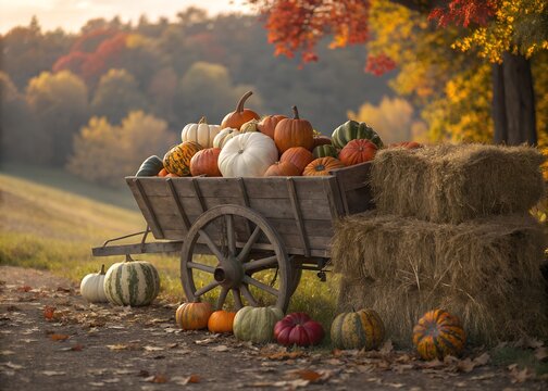 Rustic wooden cart overflowing with pumpkins and gourds in autumn foliage