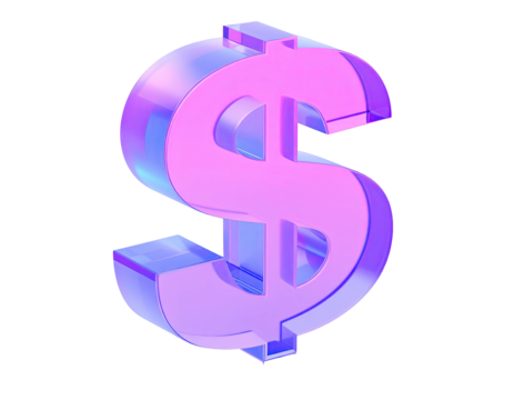 3D rendered, iridescent dollar sign, floating against a solid black background