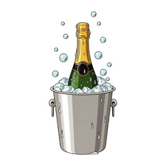 Champagne bottle in ice bucket with bubbles, illustration.