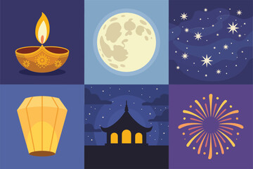Stylized flat illustration set for Hindu celebration, showing oil lamp, moon, temple, and fireworks.