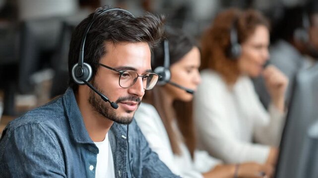 Smiling Male Call Center Agent with Headset Working in Modern Office - Powered by Adobe