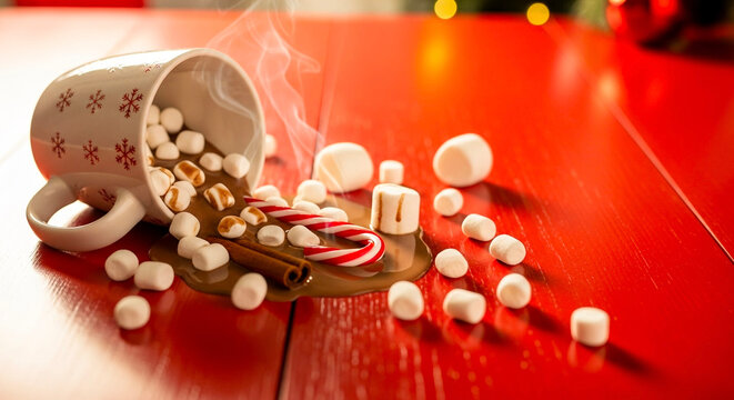 Spilled cup of hot chocolate with marshmallows and candy canes on red table