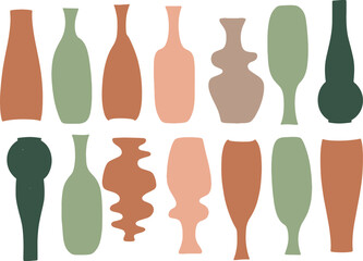 Fototapeta premium Collection of abstract ceramic vases and bottles in earthy tones on a white background