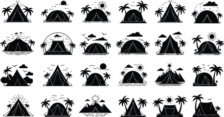 Camping tent silhouette icon set, outdoor adventure vector illustration, mountain and palm tree design, sun and moon graphic, travel leisure symbol art