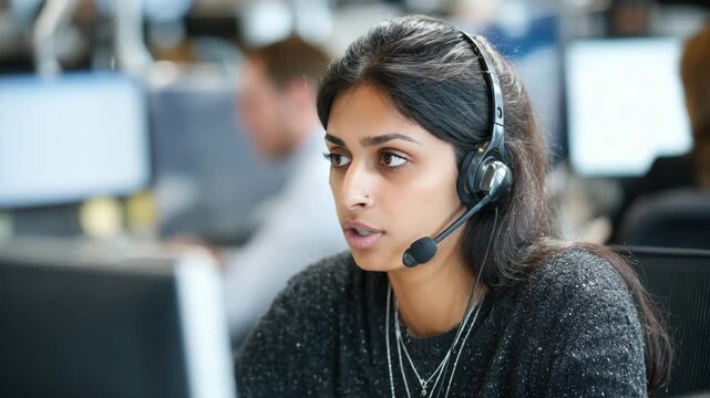 Focused Indian Woman in Headset Working at Call Center Desk, Providing Customer Service in a Busy Office Environment