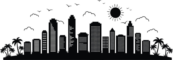 City skyline silhouette vector, tropical palm tree illustration, urban architecture design, sun and cloud graphic, birds flying symbol, coastal vacation art, summer © MdShahin