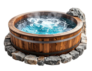 Wooden hot tub with bubbling water, steam, and surrounding stone details