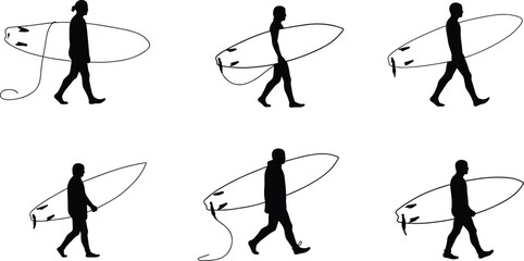 Silhouette surfers walking with surfboards, beach lifestyle vector illustration, surfing culture design, coastal holiday activity, summer ocean sports, active outdoor recreation artwork