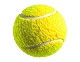 A close-up shot of a yellow tennis ball with a white felt seam, on black