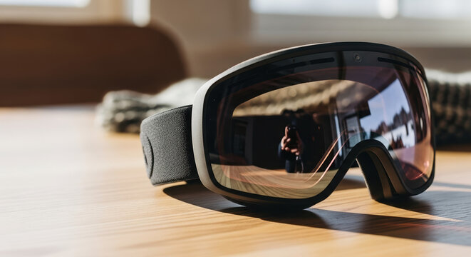 Ski goggles reflecting a person on wood surface, a modern accessory for snow sport. These ski goggles with reflection provide visibility and protection for winter sports activities. - Powered by Adobe