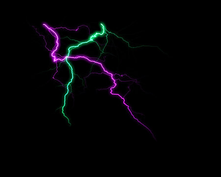 Vibrant green and magenta lightning bolts crackle across a dark background, creating an electrifying and dynamic visual display.
