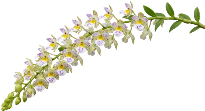 Delicate White Orchid Sprig With Purple Speckles And Yellow Centers Lush Green Stems and Leaves Isolated On Transparent Background	