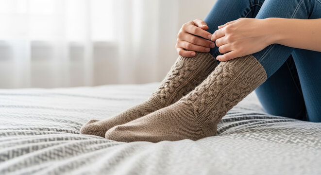 Cozy socks in bed present warm comfort and relaxation with stylish legwear. Cozy socks provide relaxation at home. Cozy socks concept illustrates calm and comfortable moments,