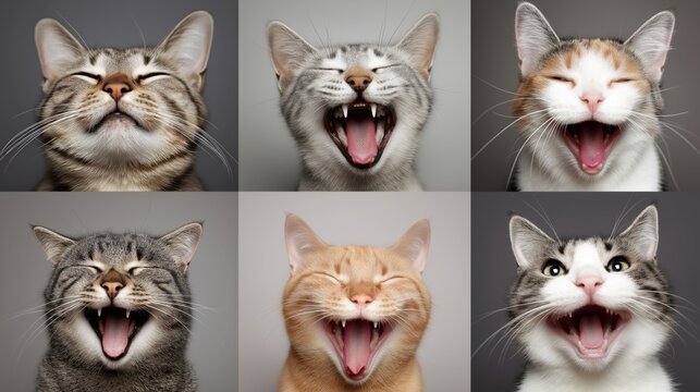 6種類の異なる毛色の猫が、口を開け目を細めて笑っている表情のクローズアップ集合写真 | A collage of close-up portraits of six different colored cats with open mouths and narrowed eyes showing expressions of joy and laughter.