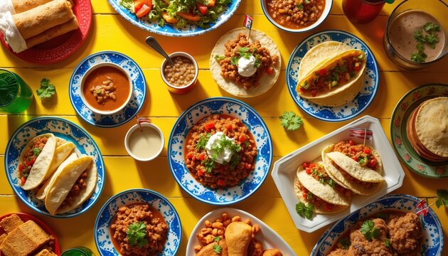 Assorted Mexican dishes laid out on bright yellow table. Various food items like tacos, beans, salad, and meat dishes are presented in decorative plates. Some plates show small flags.