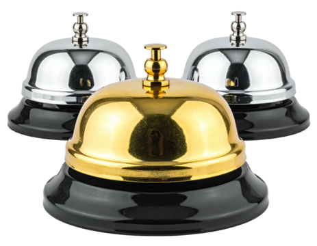 Three shiny service bells, two silver and one gold, on black bases, isolated