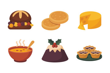 Flat vector icons for festive holiday food, featuring plum pudding, cookies, hot soup, cheese, and sweet dessert treats,