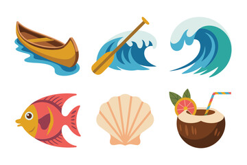 Outline vector icons for tropical coastal scenery, illustrating canoe, paddle, crashing wave, fish, and coconut cocktail,