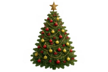 Festive christmas tree with golden star topping, decorated with red and yellow baubles and garlands, transparent background