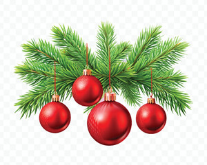 red decoration balls hanging from christmas tree branch isolated on transparent background 