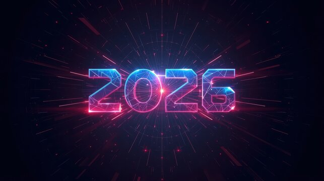 Futuristic neon 2025 year number glowing with energy bursts