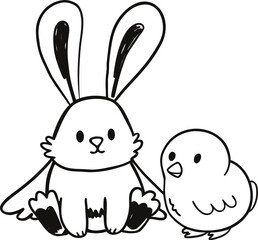 Simple outline of cute rabbit and chick, easter, spring concept