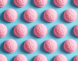 Pink ice cream scoops arranged on a light blue backdrop
