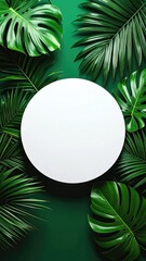 Lush tropical foliage framing central blank white circle