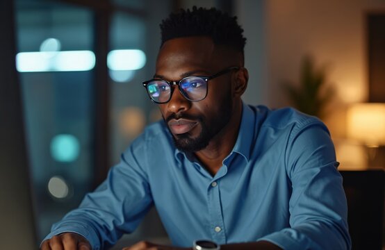 Man works late at night using computer. Male designer types on laptop in dark office. Focused african american businessman looking screen. Remote work at night shift. Workspace indoor with city view.