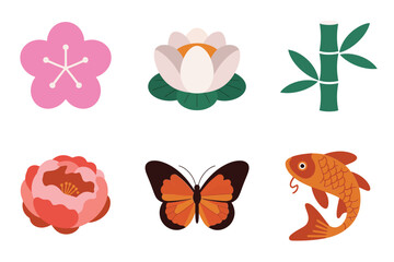 Flat vector icons for nature and spring, featuring plum blossom, lotus, bamboo, butterfly, and symbolic goldfish,