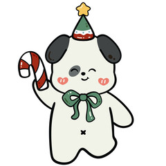 Cute Dog Holding Candy Cane and Wearing Party Hat